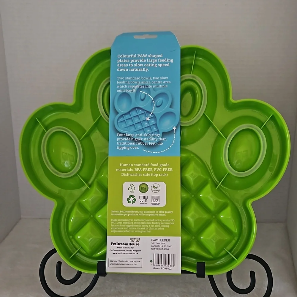 Pet Dream House NWT Green Dog Paw Slow Feeder Anti Skid Rings Dishwasher Safe